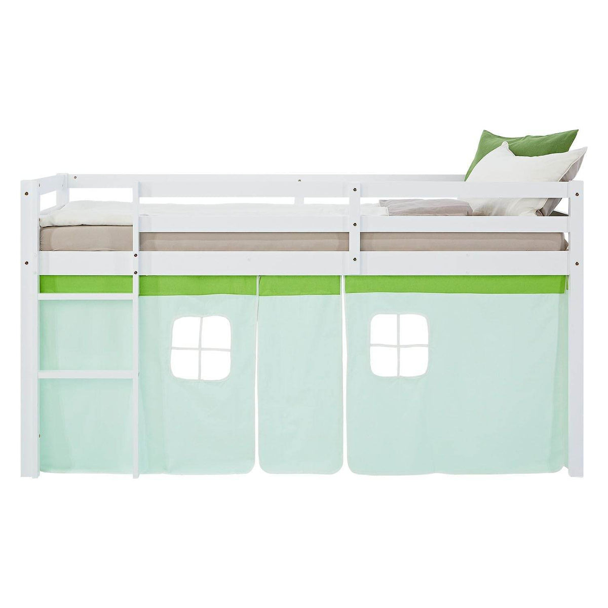Hochbett Kinder 90x200 cm Weiss mit Vorhang in Grün | mit Lattenrost und Matratze - Palo24