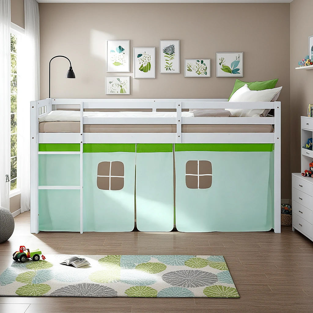 Hochbett Kinder 90x200 cm Weiss mit Vorhang in Grün | mit Lattenrost