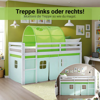 Hochbett Kinder 90x200 cm Weiss mit Vorhang in Grün | Tunnel | mit Lattenrost