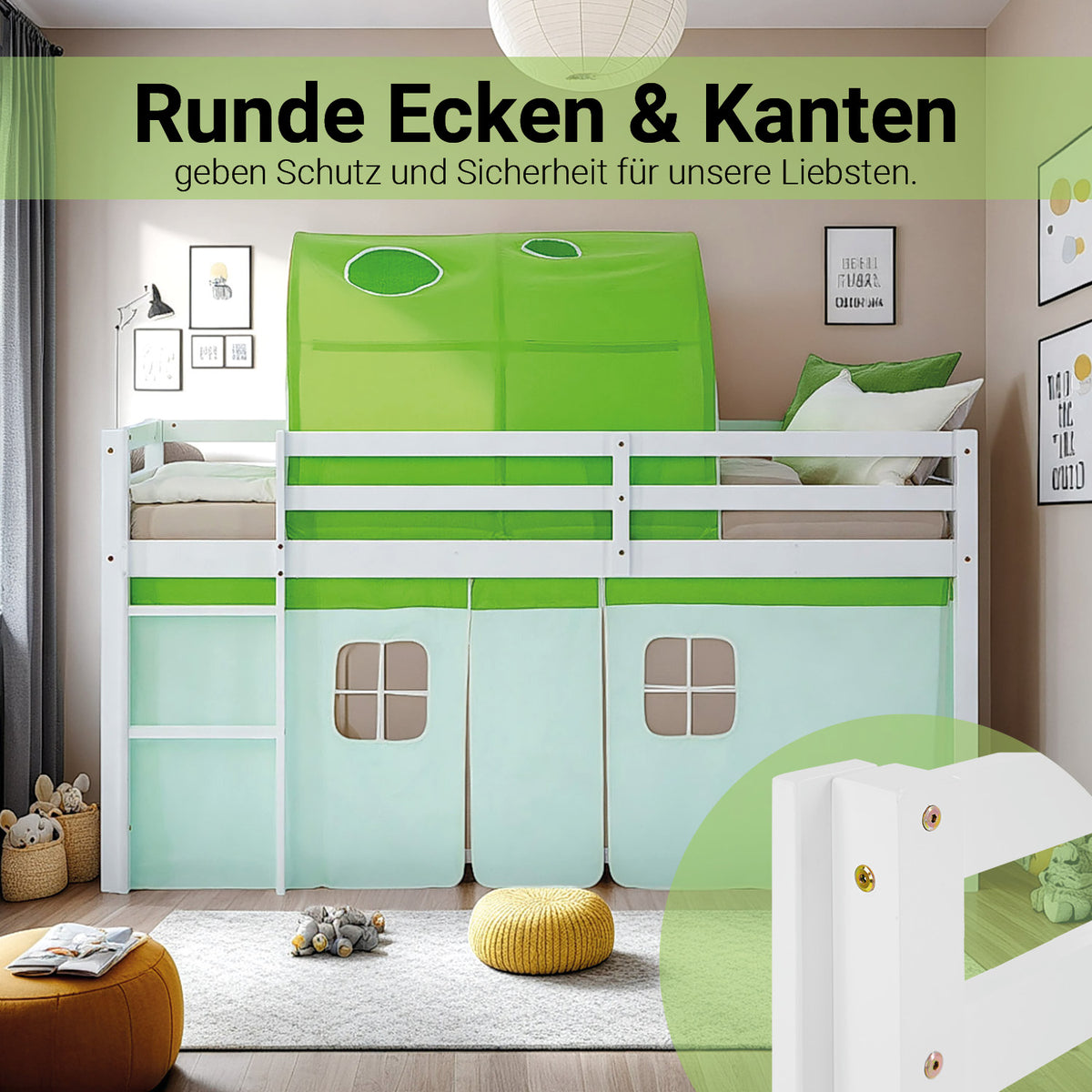 Hochbett Kinder 90x200 cm Weiss mit Vorhang in Grün | Tunnel | mit Lattenrost