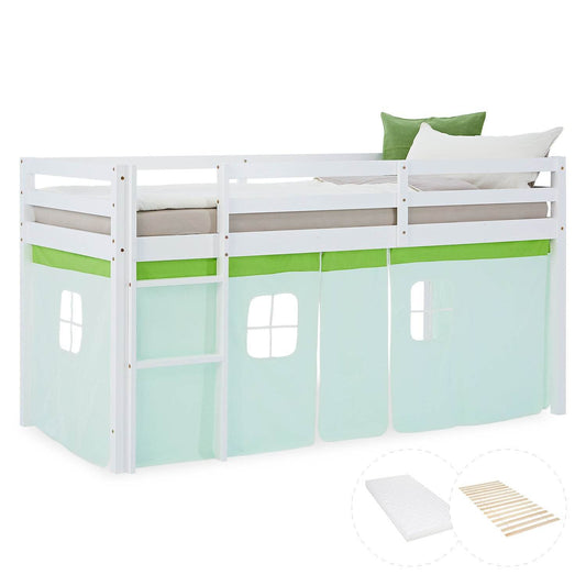 Hochbett Kinder 90x200 cm Weiss mit Vorhang in Grün | mit Lattenrost und Matratze - Palo24