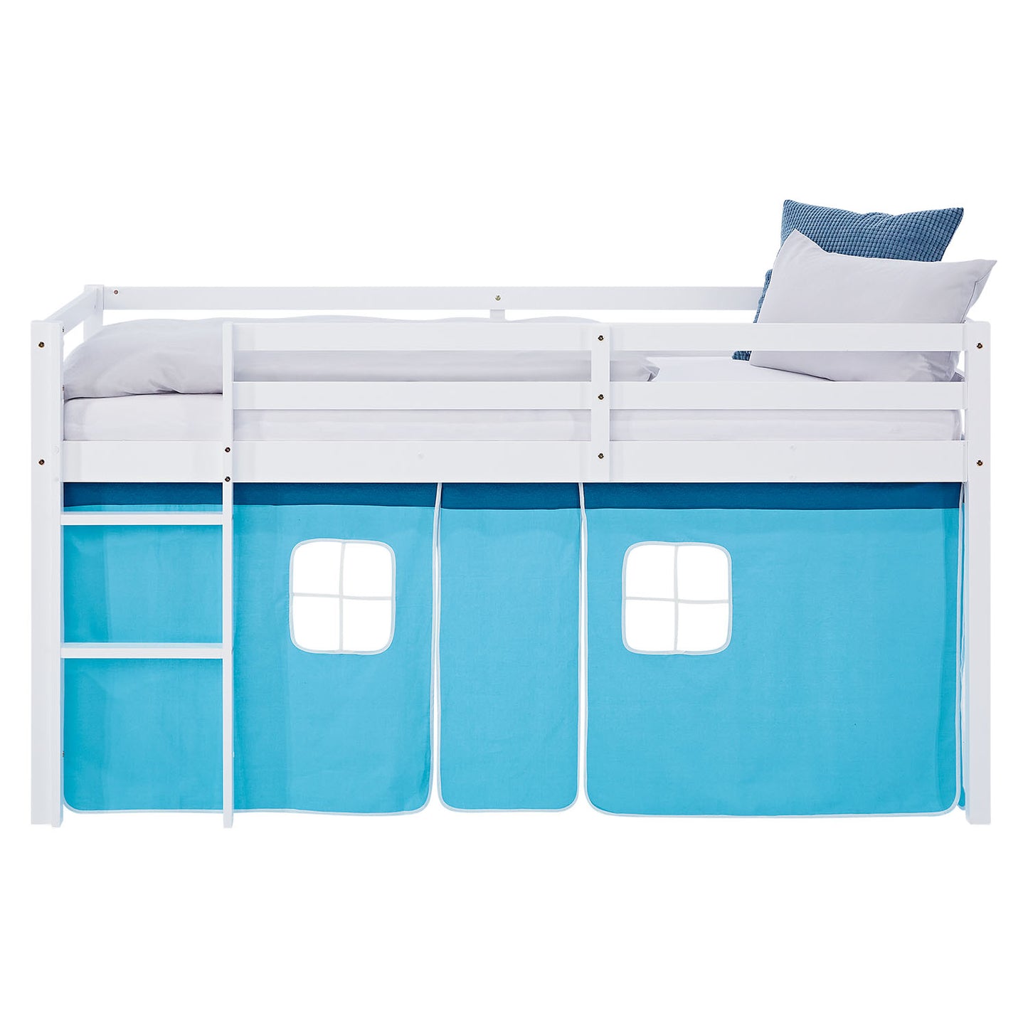 Hochbett Kinder 90x200 cm Weiss mit Vorhang in Blau | ohne Lattenrost