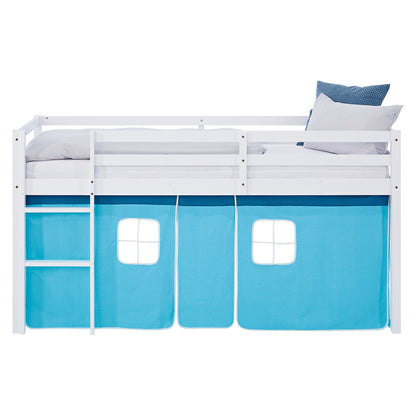 Hochbett Kinder 90x200 cm Weiss mit Vorhang in Blau | ohne Lattenrost