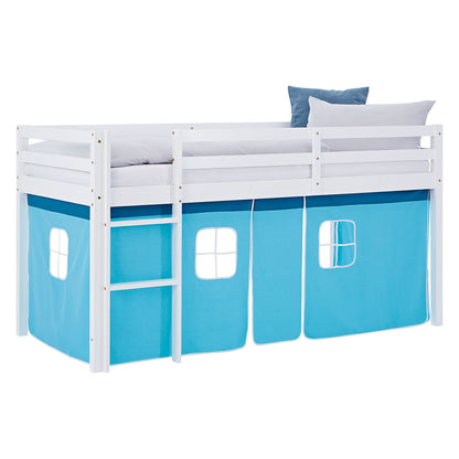 Hochbett Kinder 90x200 cm Weiss mit Vorhang in Blau | ohne Lattenrost