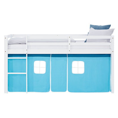 Hochbett Kinder 90x200 cm Weiss mit Vorhang in Blau | ohne Lattenrost