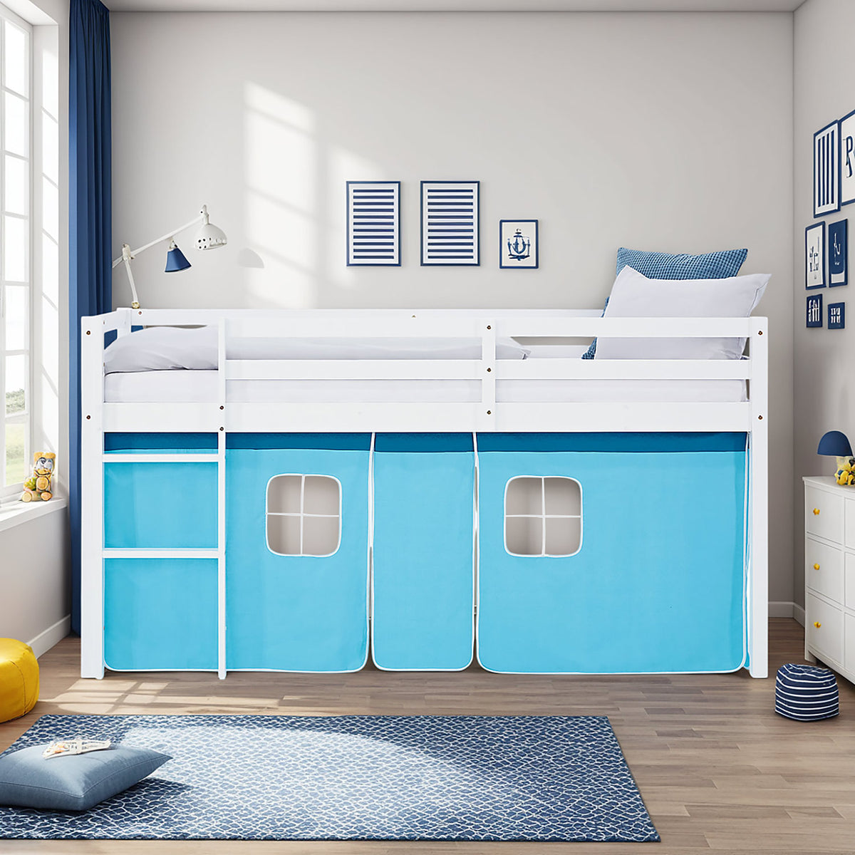 Hochbett Kinder 90x200 cm Weiss mit Vorhang in Blau | ohne Lattenrost