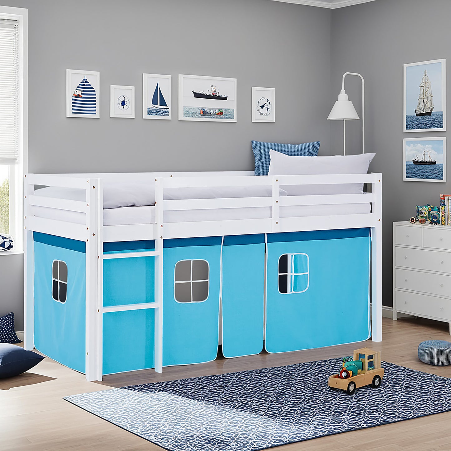 Hochbett Kinder 90x200 cm Weiss mit Vorhang in Blau | ohne Lattenrost