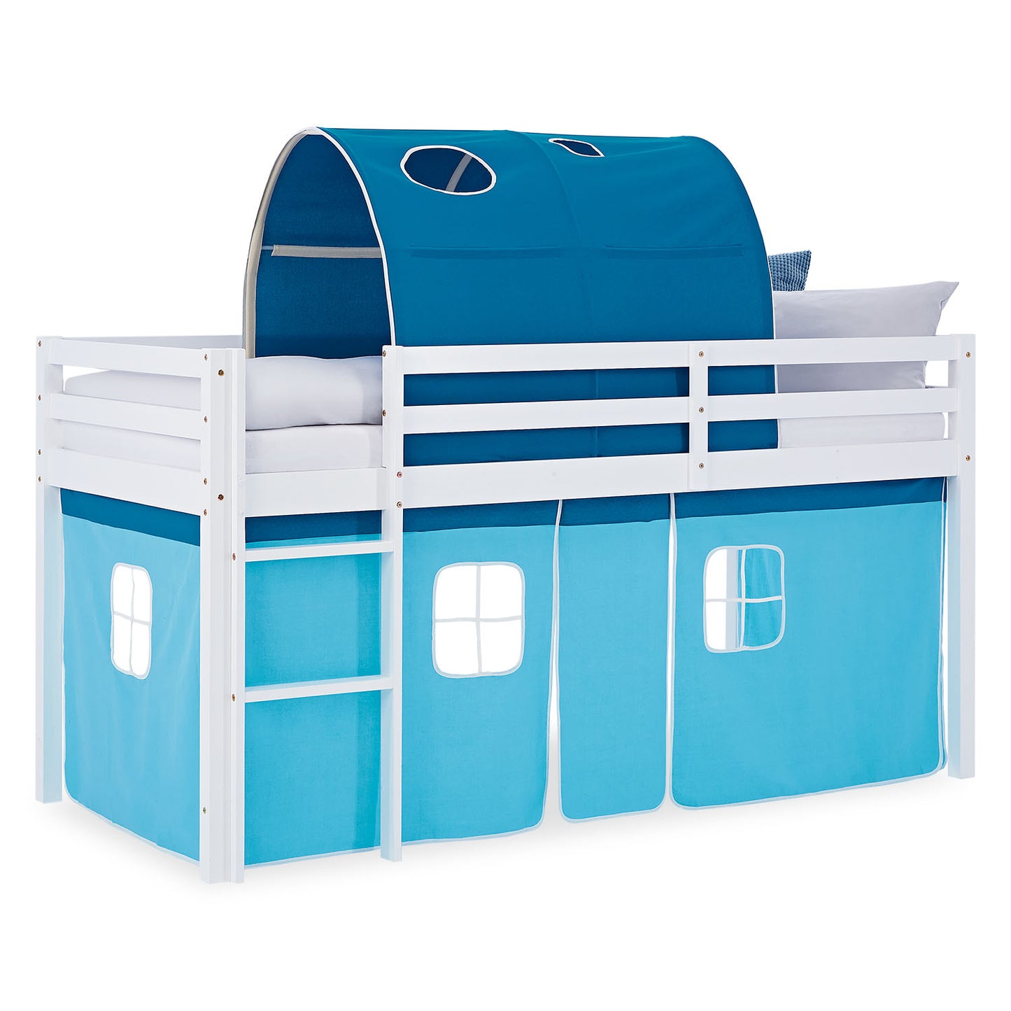 Hochbett Kinder 90x200 cm Weiss mit Vorhang in Blau | Tunnel | ohne Lattenrost