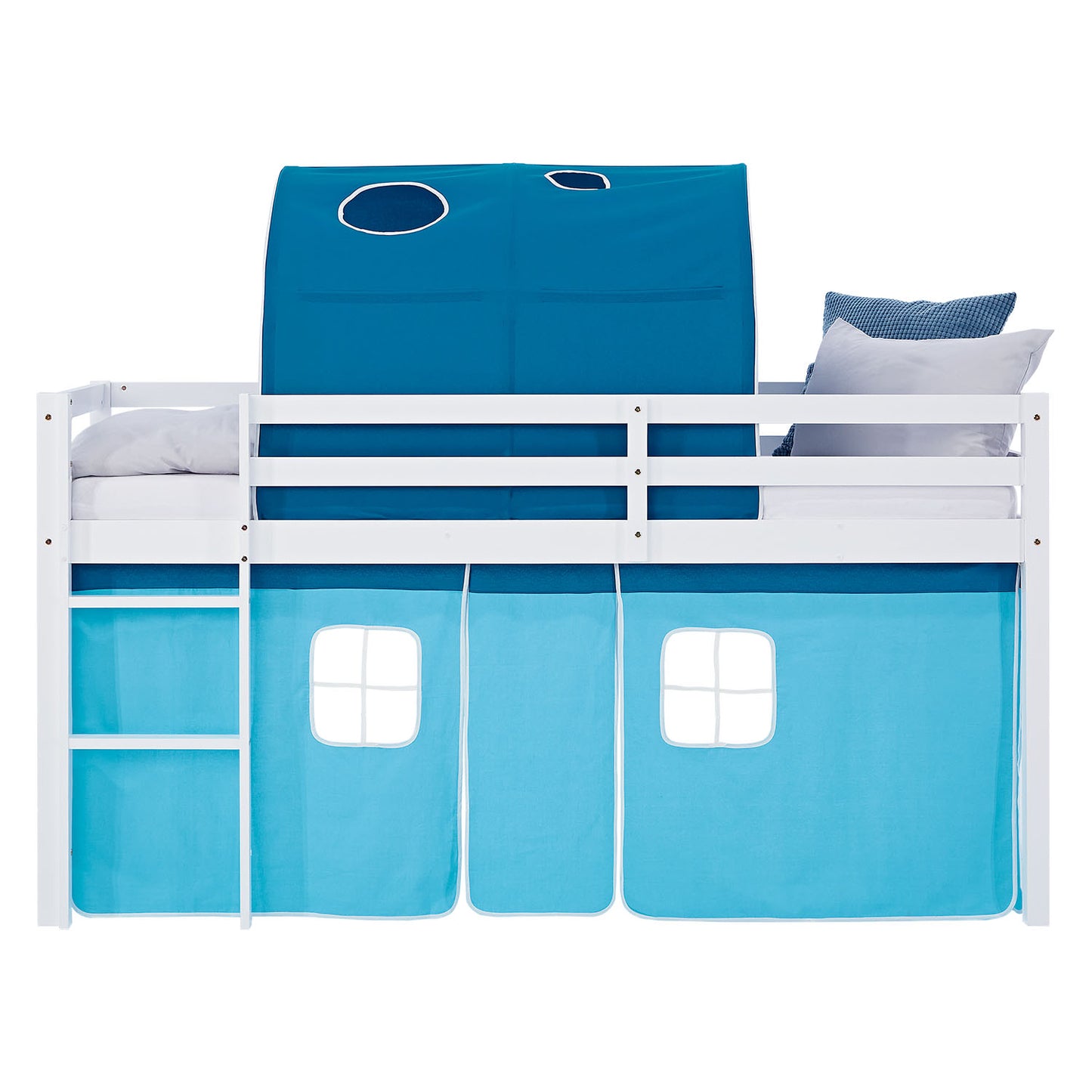 Hochbett Kinder 90x200 cm Weiss mit Vorhang in Blau | Tunnel | ohne Lattenrost