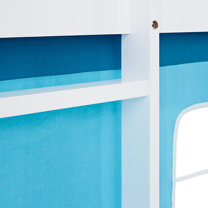 Hochbett Kinder 90x200 cm Weiss mit Vorhang in Blau | Tunnel | ohne Lattenrost