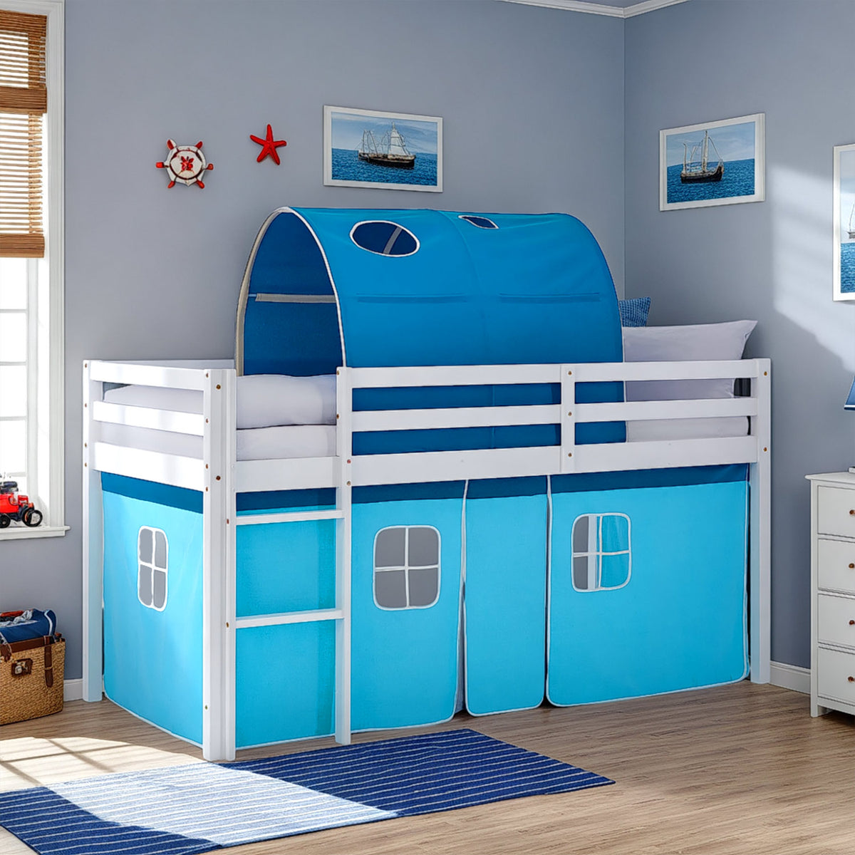 Hochbett Kinder 90x200 cm Weiss mit Vorhang in Blau | Tunnel | ohne Lattenrost