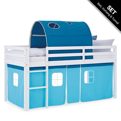 Hochbett Kinder 90x200 cm Weiss mit Vorhang in Blau | Tunnel | ohne Lattenrost