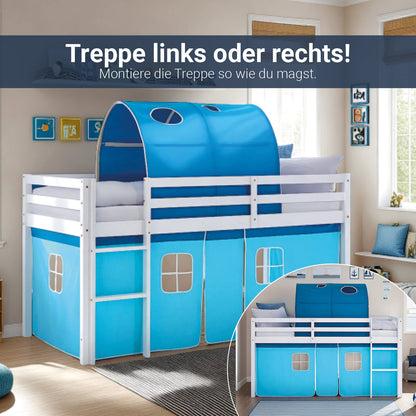 Hochbett Kinder 90x200 cm Weiss mit Vorhang in Blau | Tunnel | ohne Lattenrost