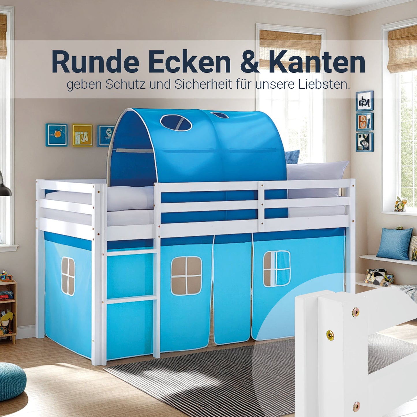 Hochbett Kinder 90x200 cm Weiss mit Vorhang in Blau | Tunnel | ohne Lattenrost