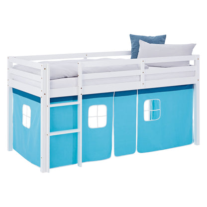 Hochbett Kinder 90x200 cm Weiss mit Vorhang in Blau | mit Lattenrost