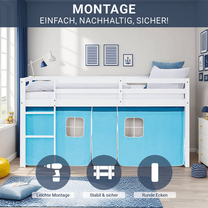 Hochbett Kinder 90x200 cm Weiss mit Vorhang in Blau | mit Lattenrost