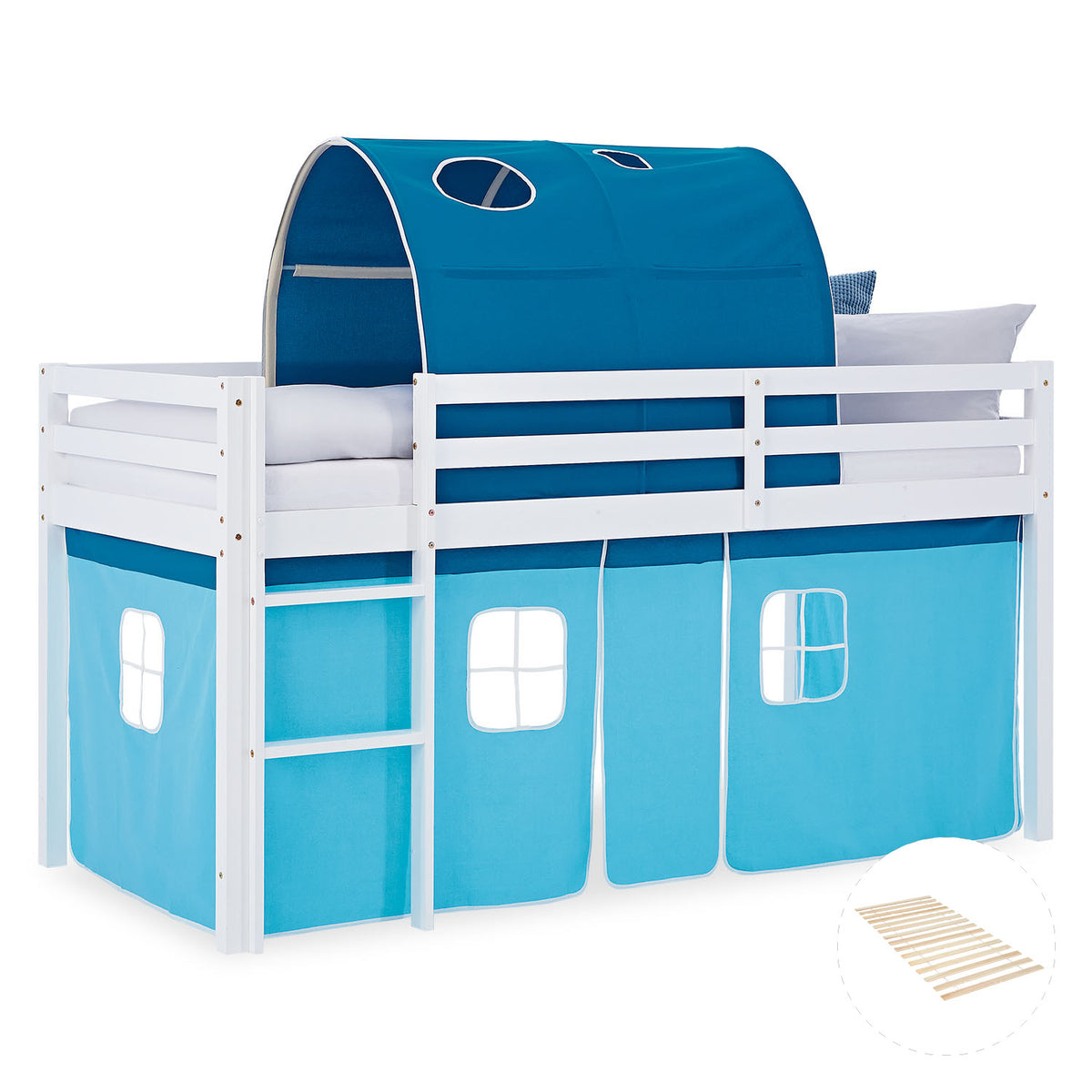 Hochbett Kinder 90x200 cm Weiss mit Vorhang in Blau | Tunnel | mit Lattenrost