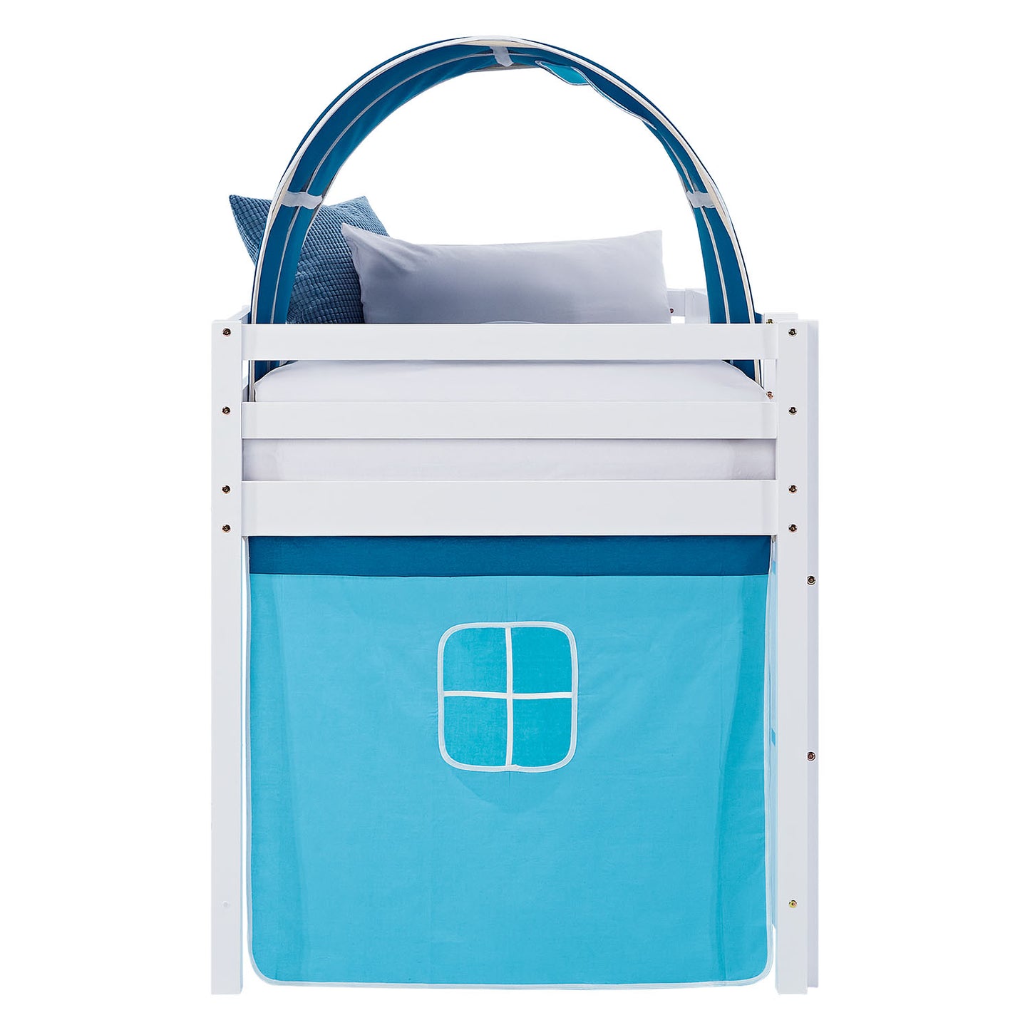 Hochbett Kinder 90x200 cm Weiss mit Vorhang in Blau | Tunnel | mit Lattenrost