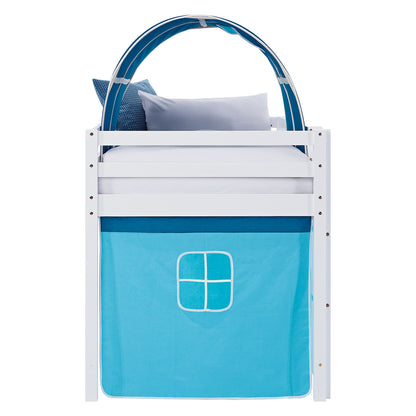 Hochbett Kinder 90x200 cm Weiss mit Vorhang in Blau | Tunnel | mit Lattenrost