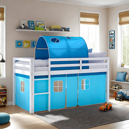 Hochbett Kinder 90x200 cm Weiss mit Vorhang in Blau | Tunnel | mit Lattenrost