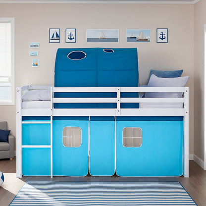 Hochbett Kinder 90x200 cm Weiss mit Vorhang in Blau | Tunnel | mit Lattenrost