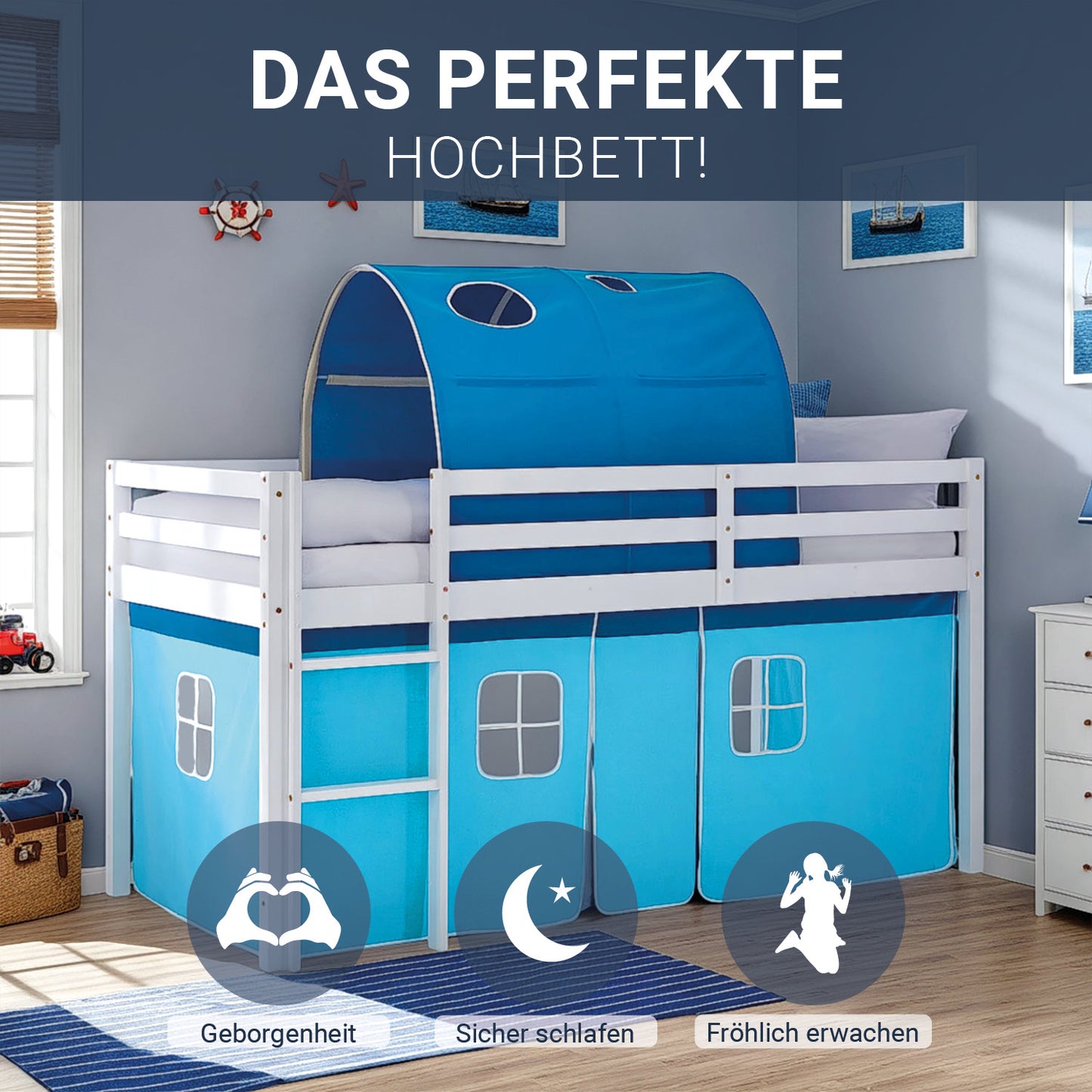 Hochbett Kinder 90x200 cm Weiss mit Vorhang in Blau | Tunnel | mit Lattenrost