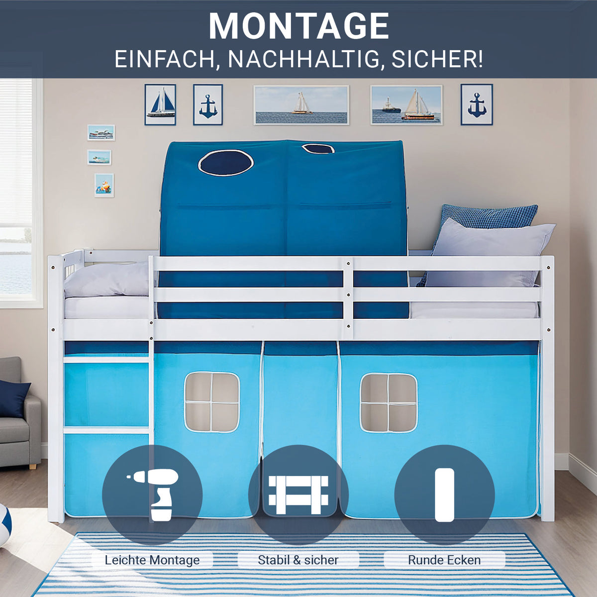 Hochbett Kinder 90x200 cm Weiss mit Vorhang in Blau | Tunnel | mit Lattenrost