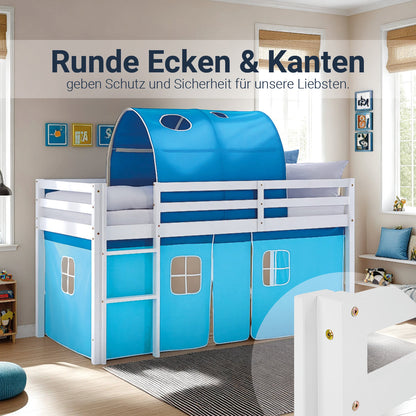 Hochbett Kinder 90x200 cm Weiss mit Vorhang in Blau | Tunnel | mit Lattenrost