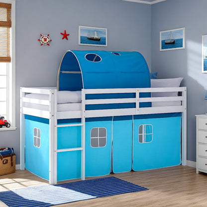 Hochbett Kinder 90x200 cm Weiss mit Vorhang in Blau | Tunnel | mit Lattenrost und Matratze