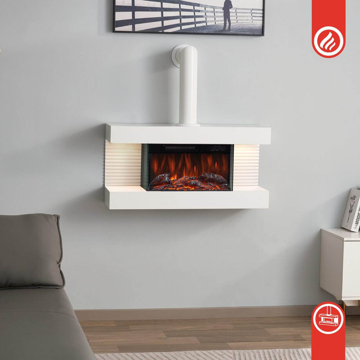 KAMINIO Elektrokamin LIZ mit Ofenrohr - Elektrischer Wandkamin mit Heizung Weiss - Palo24