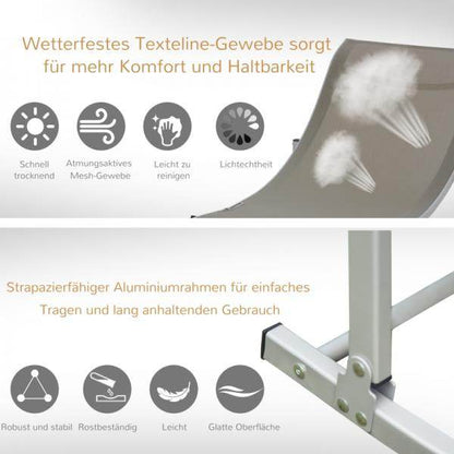 2er Set Gartenliege Sonnenliege Stoffliege Relaxliege ergonomisch Alu Texteline Hellgrau - Palo24
