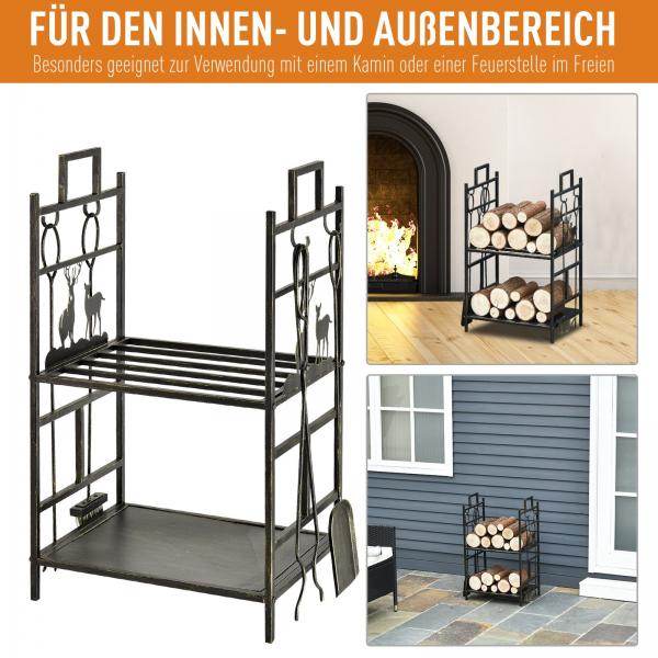 Kaminholzständer Kaminbesteck Brennholzregal Feuerholzablage Kaminwerkzeug Eisen Gold - Palo24