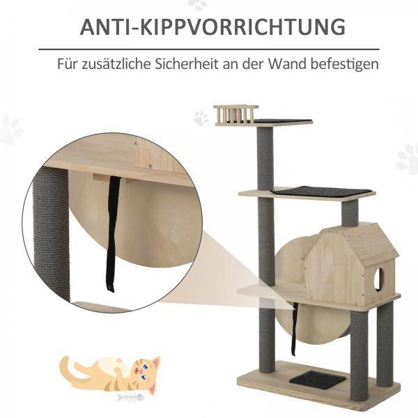 Katzenbaum mit Laufrad 4-Stock Kratzbaum mit Sisalsäulen Massivholz - Palo24