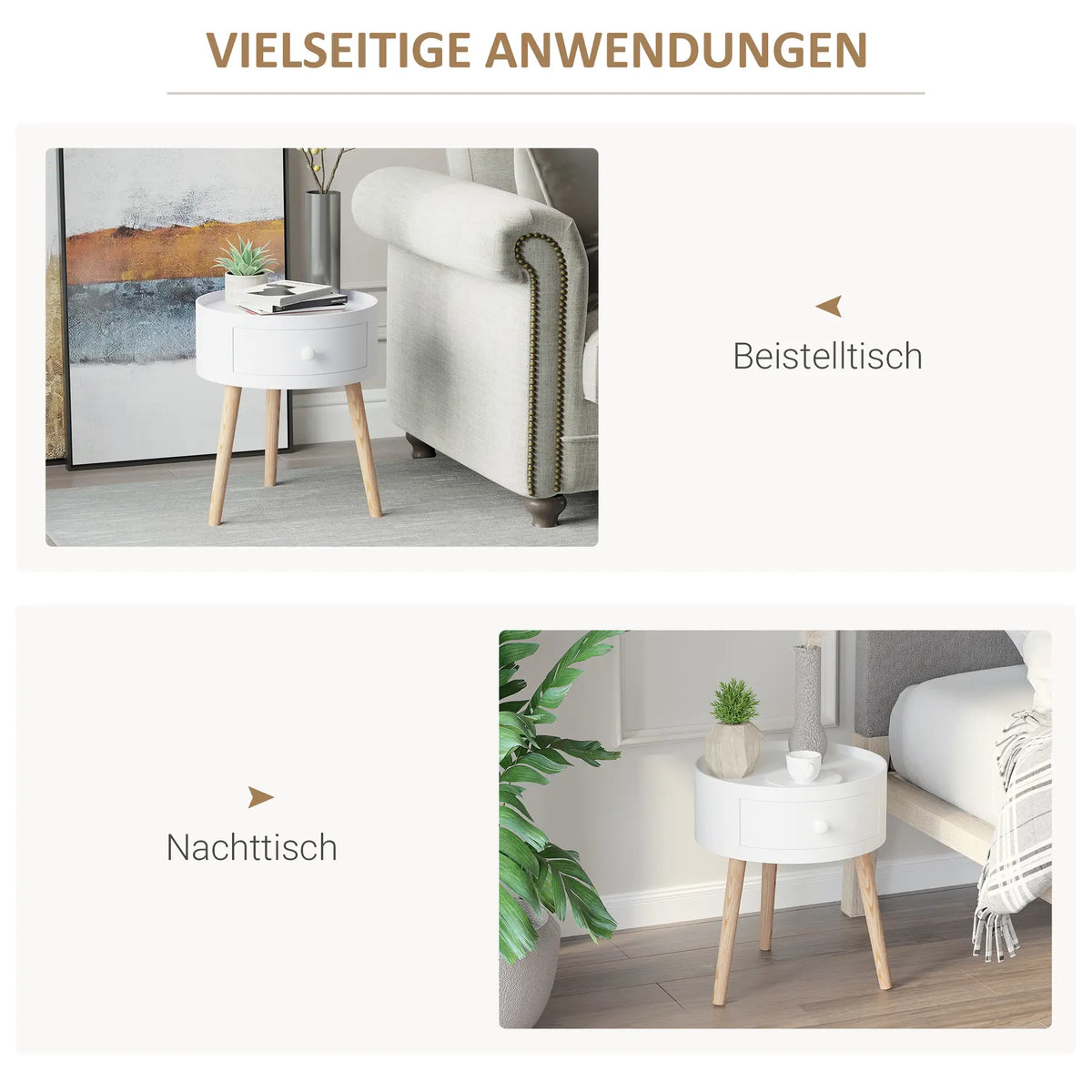 Couchtisch rund Beistelltisch mit Schublade Holz Weiss