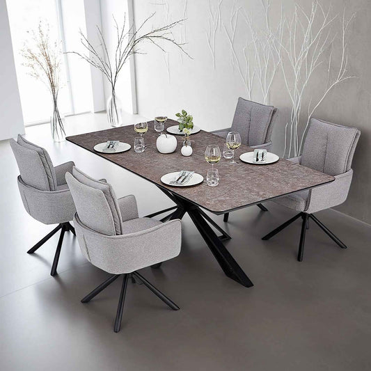 Esstisch mit 4 Stühlen Set Essgruppe Polsterstühle Drehbar Grau 200x100 cm Metall Braun Schwarz