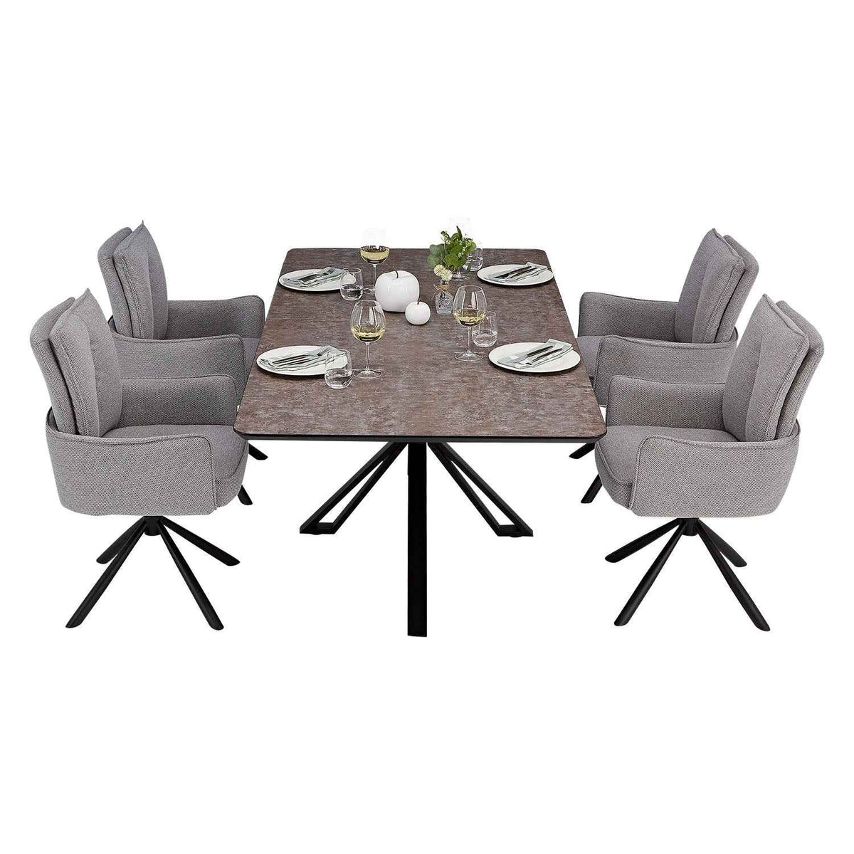 Esstisch mit 4 Stühlen Set Essgruppe Polsterstühle Drehbar Grau 200x100 cm Metall Braun Schwarz