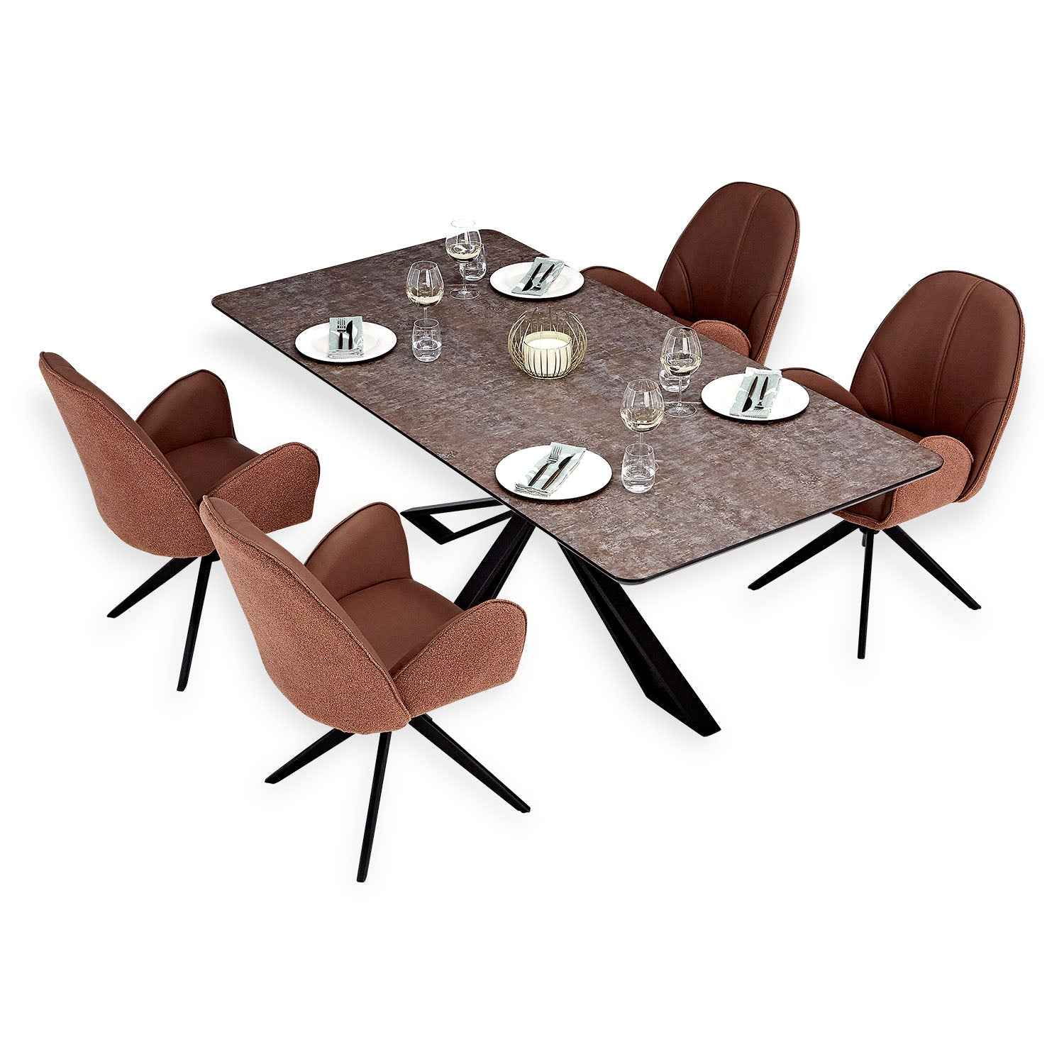 Esstisch mit 4 Stühlen Set Essgruppe Polsterstühle Drehbar Bouclé Leder Braun 200x100 cm Metall Schwarz