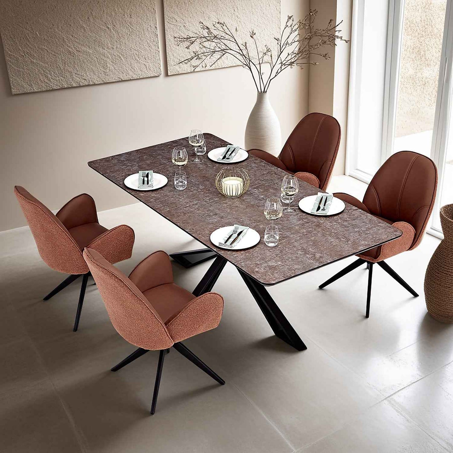 Esstisch mit 4 Stühlen Set Essgruppe Polsterstühle Drehbar Bouclé Leder Braun 200x100 cm Metall Schwarz