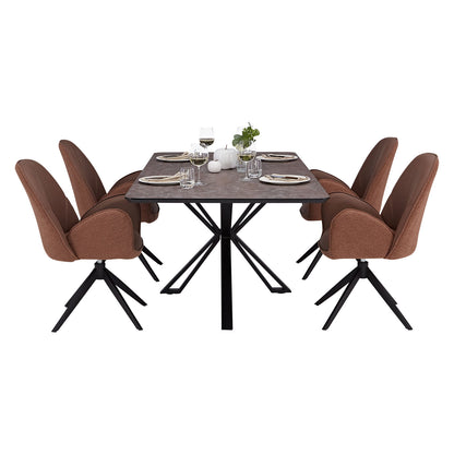 Esstisch mit 4 Stühlen Set Essgruppe Polsterstühle Drehbar Bouclé Leder Braun 200x100 cm Metall Schwarz
