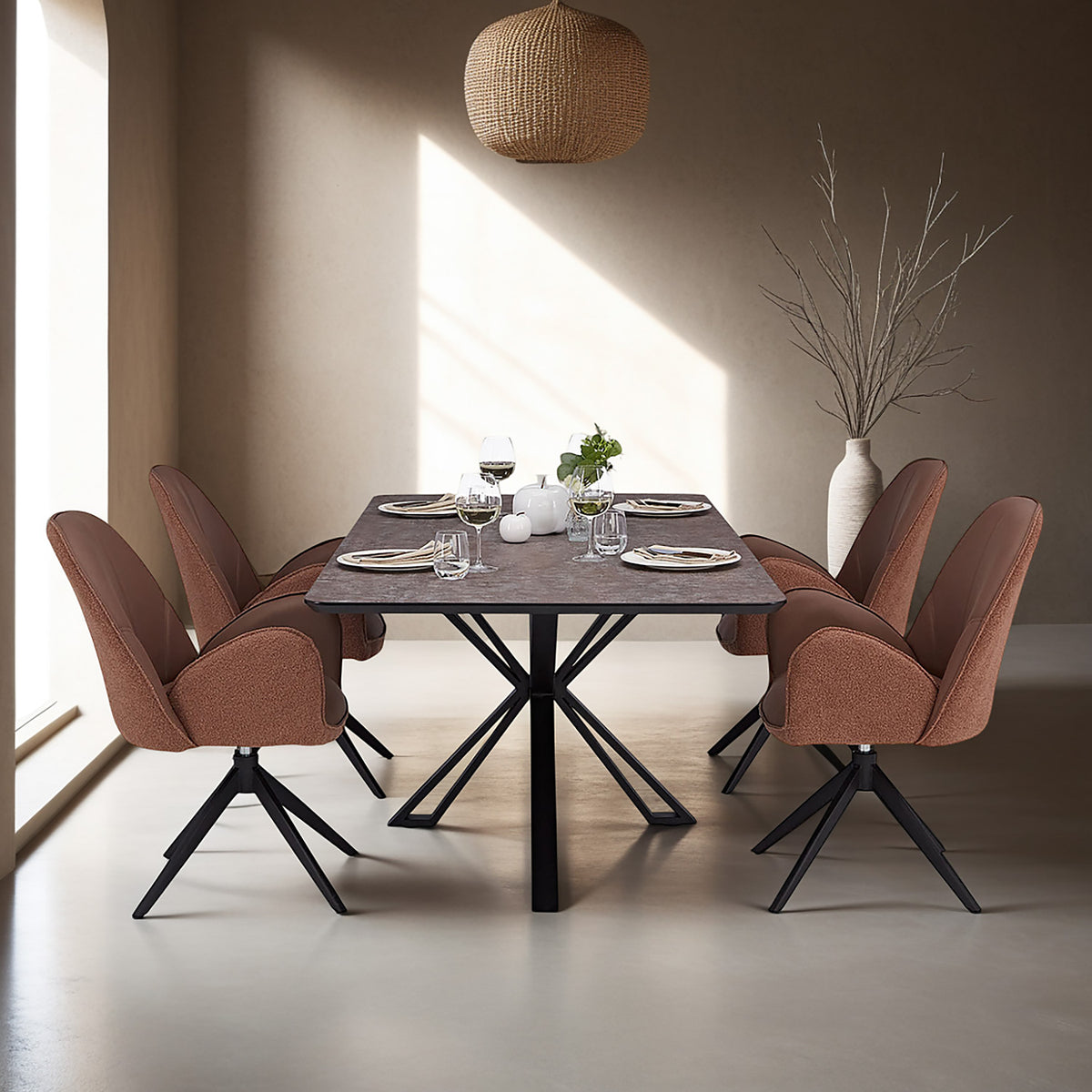 Esstisch mit 4 Stühlen Set Essgruppe Polsterstühle Drehbar Bouclé Leder Braun 200x100 cm Metall Schwarz