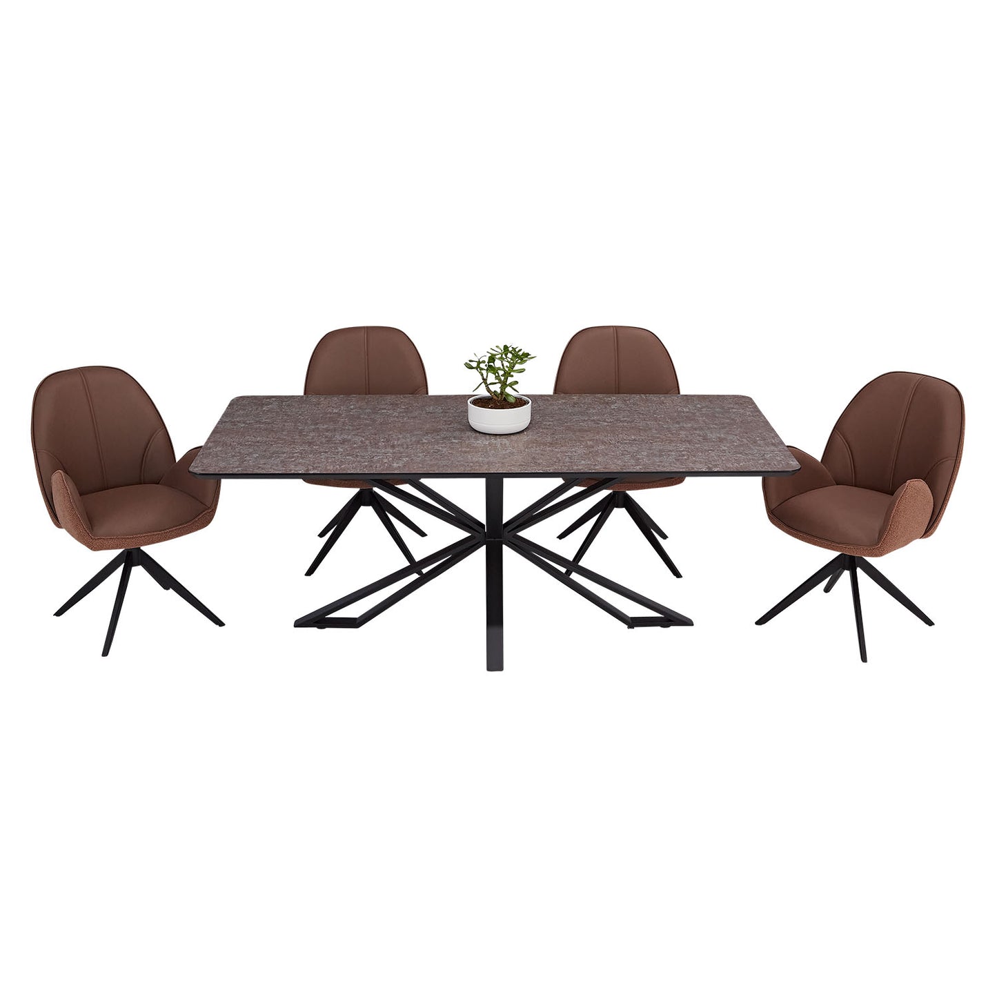 Esstisch mit 4 Stühlen Set Essgruppe Polsterstühle Drehbar Bouclé Leder Braun 200x100 cm Metall Schwarz