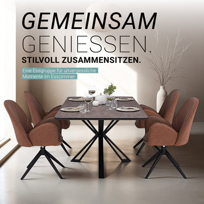 Esstisch mit 4 Stühlen Set Essgruppe Polsterstühle Drehbar Bouclé Leder Braun 200x100 cm Metall Schwarz
