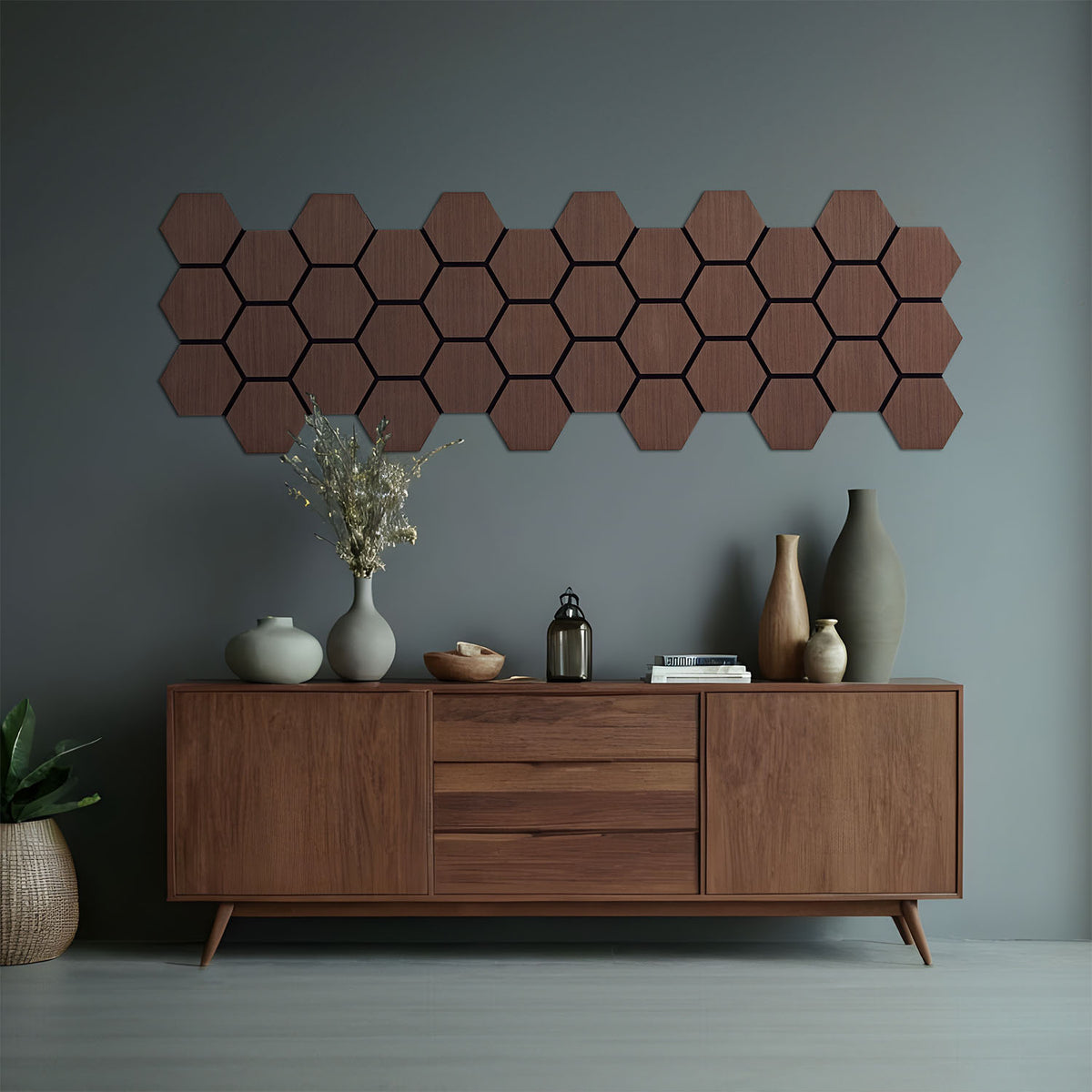 8er Set Akustikpaneele Wandpaneele Hexagon Wabe 76 x 62 cm Braun Walnuss Holz 3D - Palo24