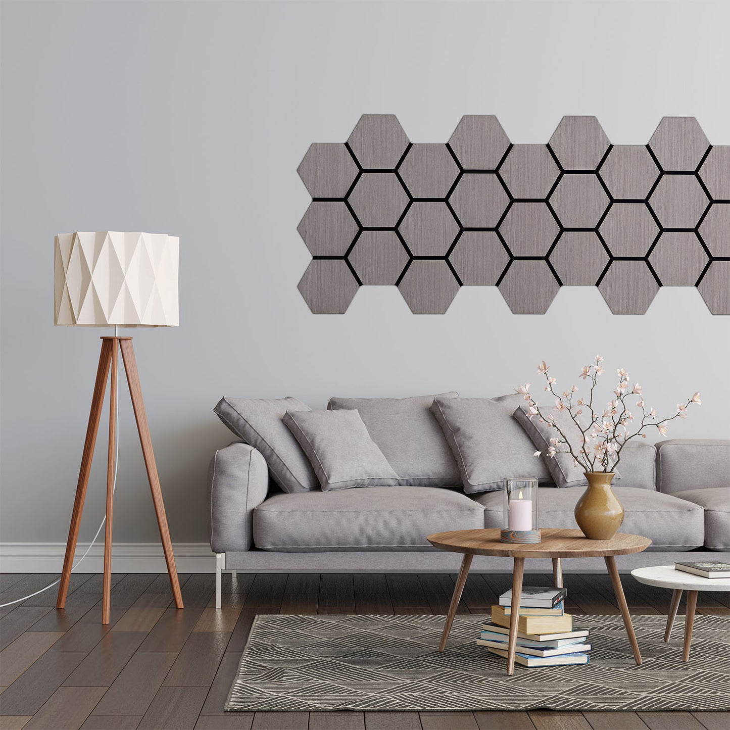 8er Set Akustikpaneele Wandpaneele Hexagon Wabe 76 x 62 cm Grau Holz 3D - Palo24