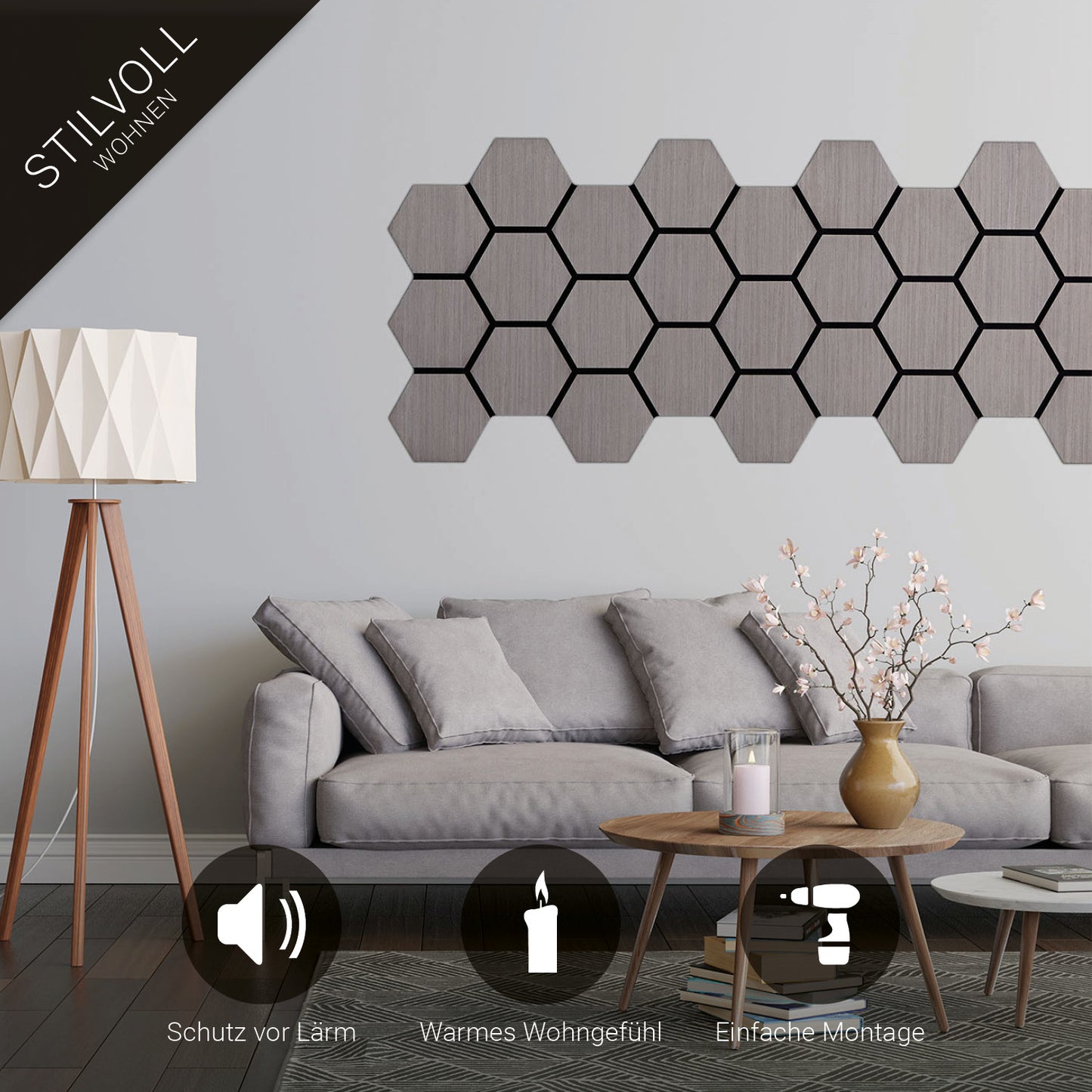 8er Set Akustikpaneele Wandpaneele Hexagon Wabe 76 x 62 cm Grau Holz 3D - Palo24