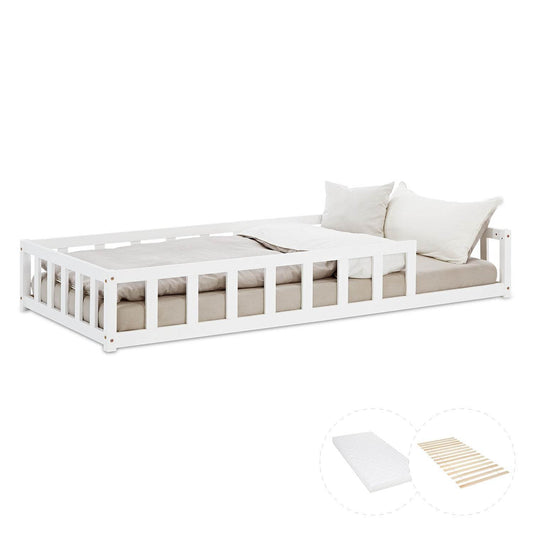 Kinderbett 90x200 Weiss | Bodenbett mit Matratze & Lattenrost | mit Rausfallschutz | Montessori - Palo24