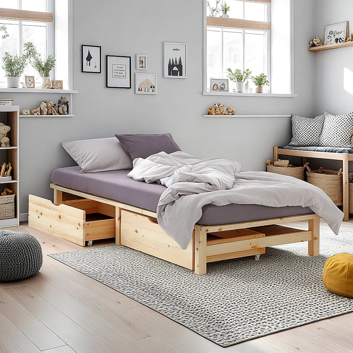 Palettenbett 90x200 cm Natur | Einzelbett mit Bettkästen | mit Matratze | Holz | Kind Gast