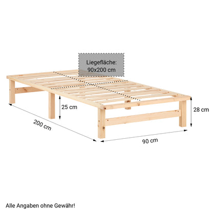 Palettenbett 90x200 cm Natur | Einzelbett mit Bettkästen | mit Matratze | Holz | Kind Gast