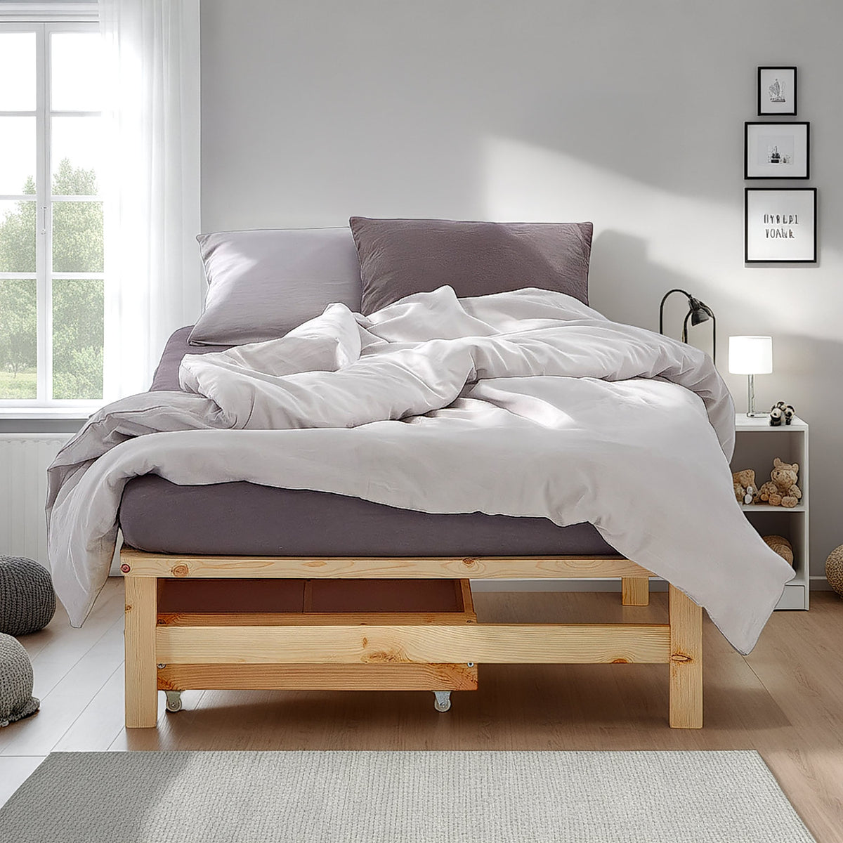 Palettenbett 90x200 cm Natur | Einzelbett mit Bettkästen | mit Matratze | Holz | Kind Gast