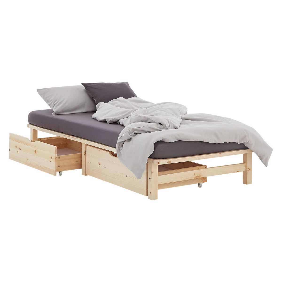 Palettenbett 90x200 cm Natur | Einzelbett mit Bettkästen | mit Matratze | Holz | Kind Gast